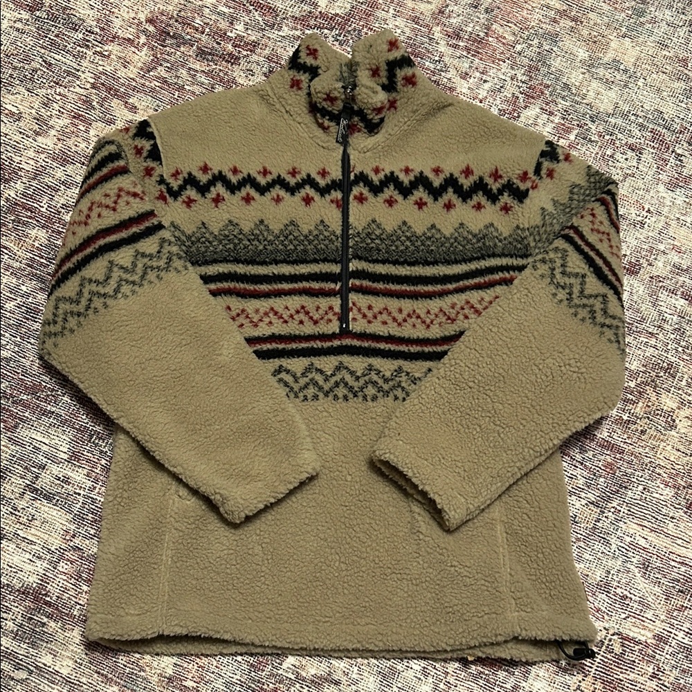 Woolrich Men's Tan and Black Fleece Patterned Pullover